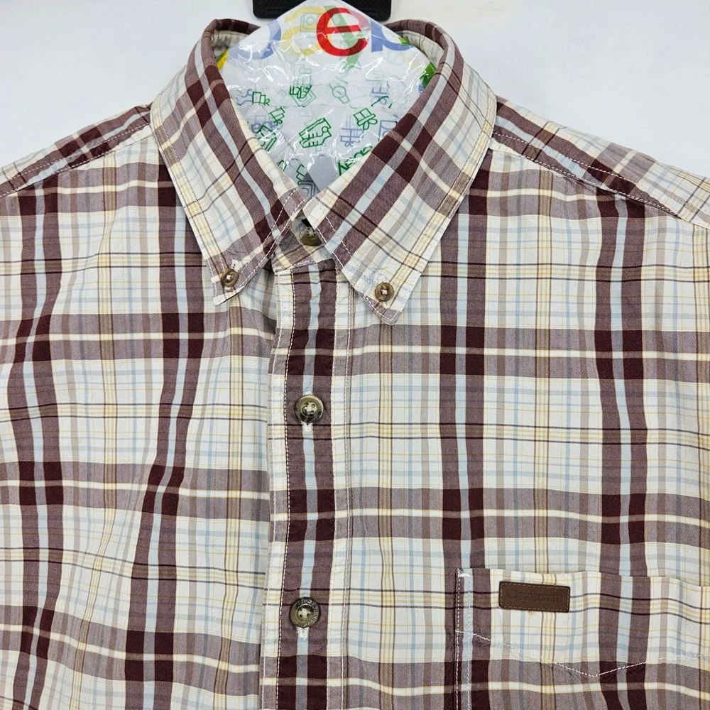 Carhartt Shirt Mens Large Button Down Brown Plaid Short Sleeve Workwear‎